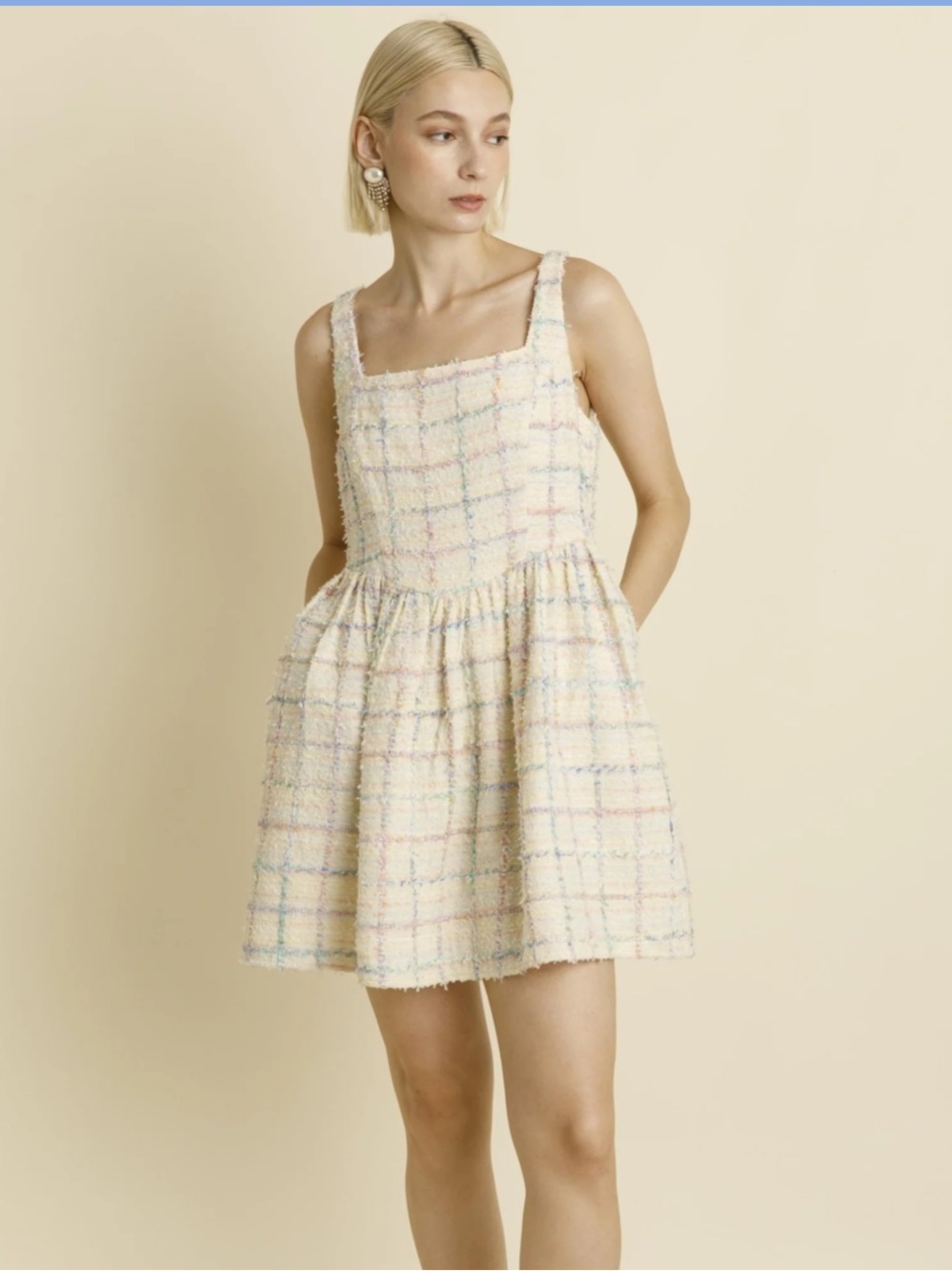 Aureum tweed mini dress square neck pastel metallic